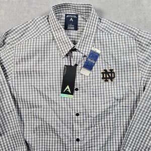 NEW Notre Dame Fighting Irish Button Up Shirt Mens Large Gray Check Pocket Logo
